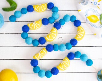Felt Italian Lemon Summer Garland for Blue Lemonade Stand or Amalfi Coast Party - 3 Shades of Azulejo Mediterranean Blue, Citrus Theme