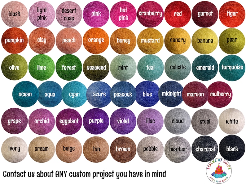 May include: A chart of 50 felt balls in various colors, each with a name printed in black text. The colors include blush, light pink, desert rose, pink, hot pink, cranberry, red, garnet, tiger, pumpkin, clay, peach, orange, honey, mustard, canary, banana, pear, olive, lime, forest, seaweed, mint, teal, celeste, emerald, turquoise, ocean, aqua, cyan, azure, peacock, blue, midnight, maroon, mulberry, grape, orchid, eggplant, purple, violet, lilac, cloud, steel, white, ivory, cream, beige, tan, brown, pebble, heather, charcoal, and black.