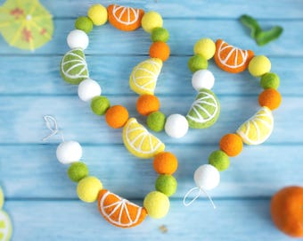 Felt Citrus Summer Garland with Felt Lemons, Limes, and Orange Slices. Fruity Kitchen Decor, Lemonade Stand Banner