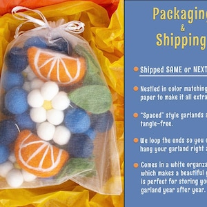 May include: A white organza drawstring bag filled with felted wool shapes including blue spheres, white flowers, green leaves, and orange citrus slices. The right side of the image features blue text titled Packaging & Shipping with bulleted information.