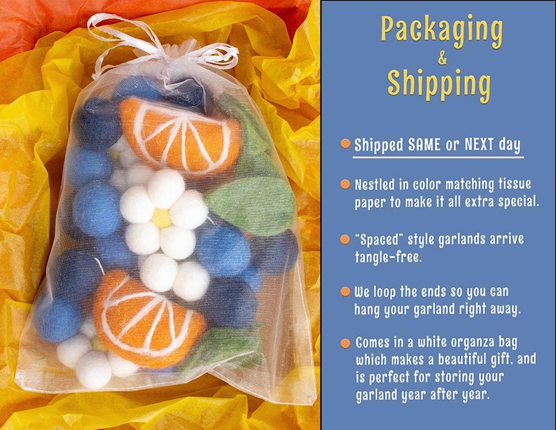 May include: A white organza drawstring bag filled with felted wool shapes including blue spheres, white flowers, green leaves, and orange citrus slices. The right side of the image features blue text titled Packaging & Shipping with bulleted information.