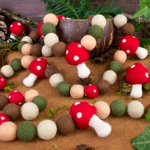 Felt Mushroom Garland for Fall Decor on Mantel. Great for Goblincore, Cottagecore, Forest, Nature or Woodland Nursery Decorating.