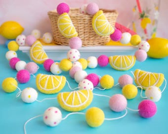 Felt Pink Lemonade Lemon Summer Garland with Polka Dots for Party or Picnic, Lemonade Stand, Mantel, Door or Window Decoration