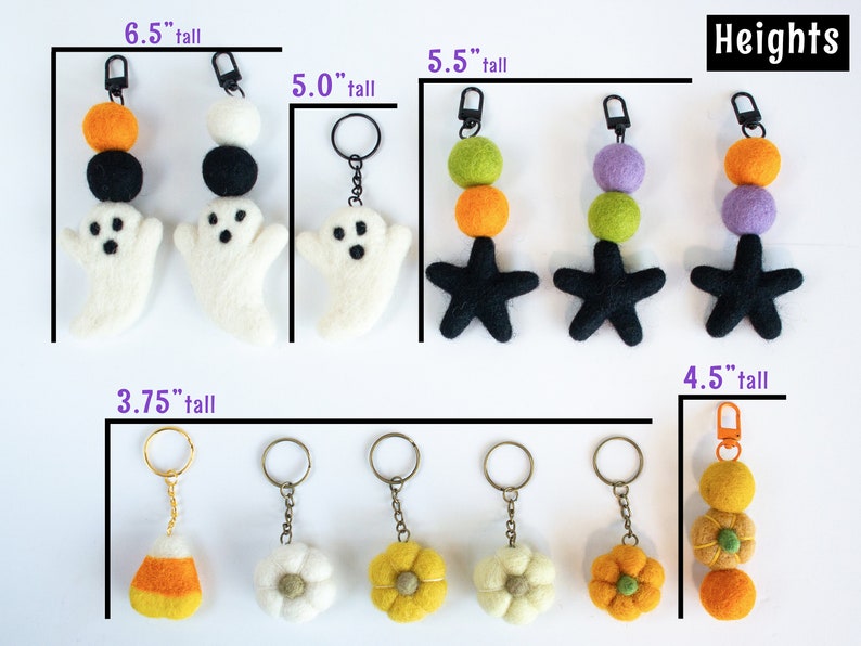 K&ouml;nnte beinhalten: Ein Set mit 10 Schl&uuml;sselanh&auml;ngern aus Filz zum Thema Halloween und Herbst. Die Schl&uuml;sselanh&auml;nger zeigen Geister, Sterne, K&uuml;rbisse und Blumen. Die Schl&uuml;sselanh&auml;nger sind in verschiedenen Farben erh&auml;ltlich, darunter Orange, Schwarz, Wei&szlig;, Gr&uuml;n und Lila. Die Schl&uuml;sselanh&auml;nger sind etwa 9,5 cm bis 16,5 cm hoch.