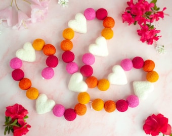 Lesbian Flag Pride Garland with Felt Hearts - for wlw Gift, Bachelorette Party, Valentine's Day, Bookshelf Decor, or Pride Month