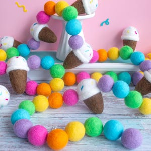 Ice Cream Felt Summer Garland with Rainbow Sprinkles for Birthday Party, or Summer Ice Cream Party Decor
