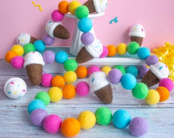 Ice Cream Felt Summer Garland with Rainbow Sprinkles for Birthday Party, or Summer Ice Cream Party Decor