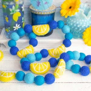 Felt Italian Lemon Summer Garland for Blue Lemonade Stand or Amalfi Coast Party - 3 Shades of Azulejo Mediterranean Blue, Citrus Theme