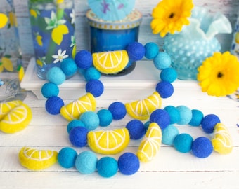 Felt Italian Lemon Summer Garland for Blue Lemonade Stand or Amalfi Coast Party - 3 Shades of Azulejo Mediterranean Blue, Citrus Theme