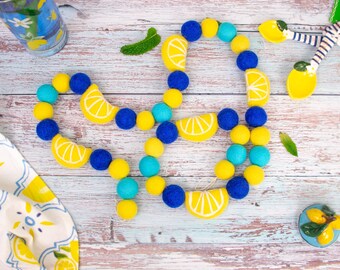 Felt Italian Lemons or Blue Lemonade Summer Garland for Blueberry Lemonade Stand or Party - Bright Mediterranean Blue, Citrus Theme