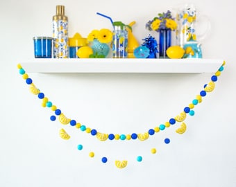 Felt Lemons Summer Garland for Blue Lemonade Stand or Italian Lemons Party - Bold, Mediterranean Blue, Citrus Theme