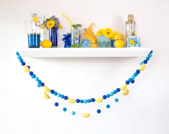 Felt Lemon Summer Garland for Blueberry Lemonade Stand or Amalfi Coast Party - 3 Shades of Azulejo Mediterranean Blue, Citrus Theme