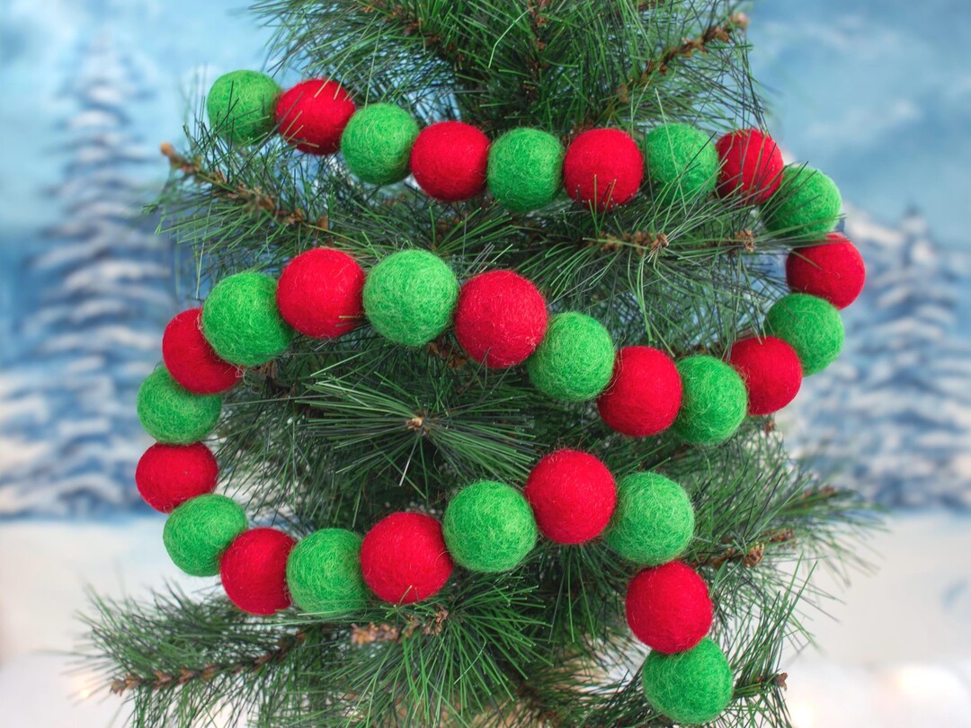 Christmas Garland With Red and Green Felt Balls - Eco-friendly Holiday ...