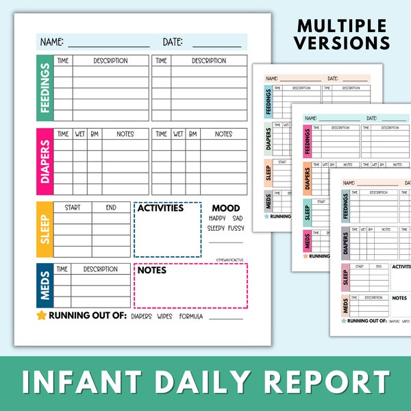 Infant Daily Report Printable | Baby Daycare Log | Babysitter Report | Track Newborn Bottles Feedings Diapers | Tracker List for Caregiver