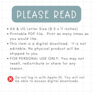 Puede incluir: Un rect&aacute;ngulo azul con el texto "PLEASE READ" en blanco. El texto debajo enumera informaci&oacute;n sobre una descarga digital, incluido el tama&ntilde;o del archivo PDF imprimible (8,5 x 11 pulgadas), que es solo para uso personal y que no es editable. Una X roja con una l&iacute;nea diagonal blanca la atraviesa est&aacute; junto al texto "No inicie sesi&oacute;n con una ID de Apple. No podr&aacute; acceder a las descargas digitales."