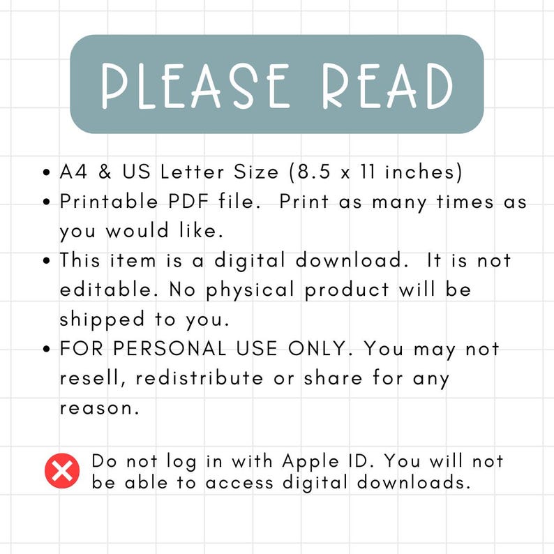 Puede incluir: Un rect&aacute;ngulo azul con el texto "PLEASE READ" en blanco. El texto debajo enumera informaci&oacute;n sobre una descarga digital, incluido el tama&ntilde;o del archivo PDF imprimible (8,5 x 11 pulgadas), que es solo para uso personal y que no es editable. Una X roja con una l&iacute;nea diagonal blanca la atraviesa est&aacute; junto al texto "No inicie sesi&oacute;n con una ID de Apple. No podr&aacute; acceder a las descargas digitales."