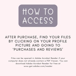 Puede incluir: Un rect&aacute;ngulo morado con texto blanco que dice "HOW TO ACCESS". Debajo del rect&aacute;ngulo hay texto que dice "DESPU&Eacute;S DE LA COMPRA, ENCUENTRA TUS ARCHIVOS HACIENDO CLIC EN TU FOTO DE PERFIL Y YENDO A 'COMPRAS Y RESE&Ntilde;AS'". Debajo de eso hay texto que dice "Los archivos se pueden abrir en Adobe Acrobat Reader si tu computadora no contiene ya un visor de PDF. Puedes descargar Adobe Acrobat Reader gratis en www.get.adobe.com/reader"