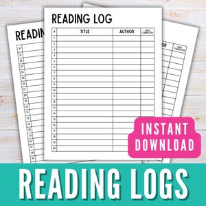 May include: A stack of white paper reading logs with black text. The top sheet reads "READING LOG" and includes fields for title, author, and date completed. A pink banner with "INSTANT DOWNLOAD" is visible. The bottom of the image reads "READING LOGS".