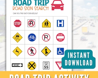 Può includere: Un foglio di attività di viaggio su strada stampabile bianco con vari segnali stradali, tra cui un segnale di stop, un segnale di precedenza e un segnale di limite di velocità. Il testo "ROAD TRIP ROAD SIGN SEARCH" è in alto.