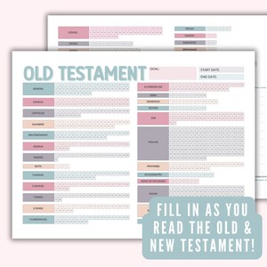 May include: A printable Bible reading tracker with a pink and blue color scheme. The tracker includes a list of Old Testament books and a grid for marking off each chapter read. The text "FILL IN AS YOU READ THE OLD & NEW TESTAMENT!" is at the bottom of the page.