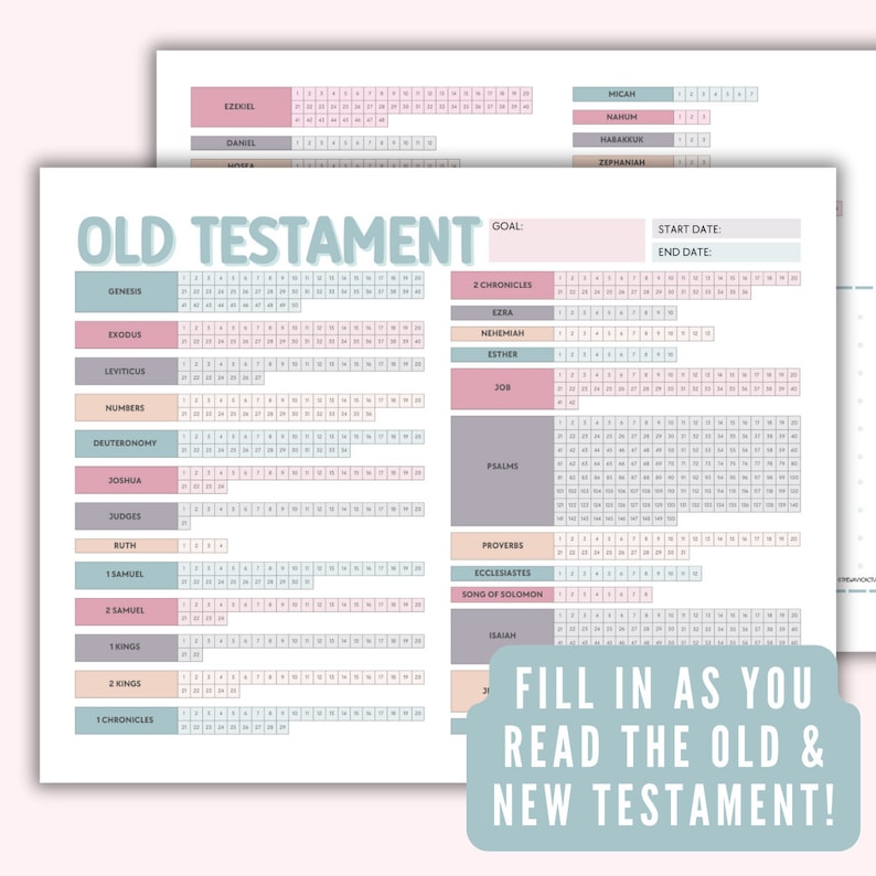 May include: A printable Bible reading tracker with a pink and blue color scheme. The tracker includes a list of Old Testament books and a grid for marking off each chapter read. The text "FILL IN AS YOU READ THE OLD & NEW TESTAMENT!" is at the bottom of the page.