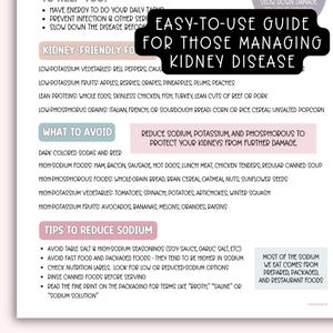 May include: A pink and white printable guide with the title "Easy-to-Use Guide for Those Managing Kidney Disease". The guide lists kidney-friendly foods and foods to avoid, as well as tips to reduce sodium.