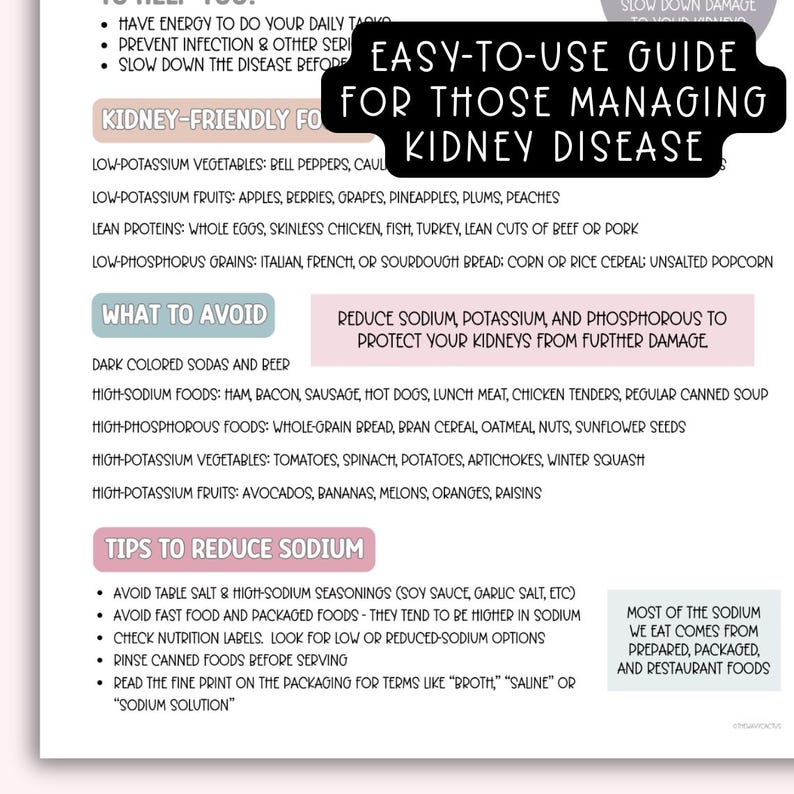 May include: A pink and white printable guide with the title "Easy-to-Use Guide for Those Managing Kidney Disease". The guide lists kidney-friendly foods and foods to avoid, as well as tips to reduce sodium.
