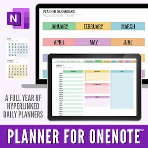 Puede incluir: Un planificador digital para Microsoft OneNote con un panel de control que muestra un año completo de planificadores diarios hipervinculados. El panel de control tiene un diseño colorido con un esquema de colores verde, amarillo, rosa, morado y naranja. La página del planificador diario muestra un horario, prioridades, citas y una lista de tareas.