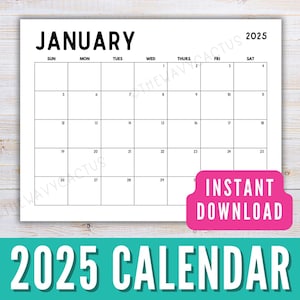 Calendario imprimible 2025, planificador mensual horizontal, calendario mensual minimalista 2025 imprimible, calendario de pared con letras A4 y comienzo en domingo para descargar