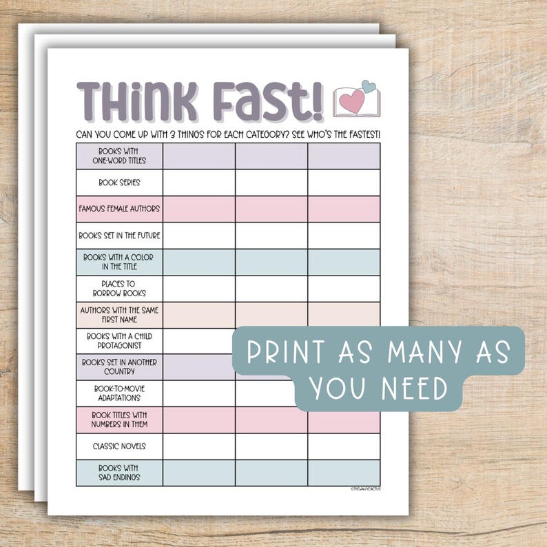 Puede incluir: Una hoja de juego imprimible con el t&iacute;tulo "Think Fast!" e instrucciones para encontrar tres cosas para cada categor&iacute;a. Las categor&iacute;as incluyen "Libros con t&iacute;tulos de una sola palabra", "Series de libros", "Autoras famosas", "Libros ambientados en el futuro", "Libros con un color en el t&iacute;tulo", "Lugares para pedir prestados libros", "Autores con el mismo nombre", "Libros con un protagonista infantil", "Libros ambientados en otro pa&iacute;s", "Adaptaciones de libros a pel&iacute;culas", "T&iacute;tulos de libros con n&uacute;meros", "Novelas cl&aacute;sicas" y "Libros con finales tristes".