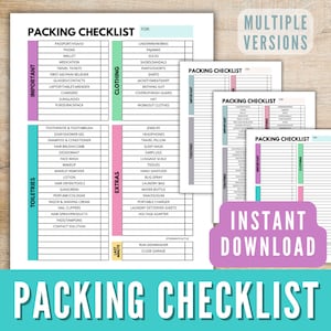 May include: A printable packing checklist with multiple versions. The checklist is divided into three categories: Important, Clothing, and Extras. Each category has a list of items to pack. The checklist is designed to help people pack for a trip.