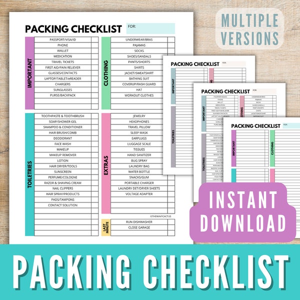 Travel Packing List Printable Pdf Instant Download Vacation Etsy