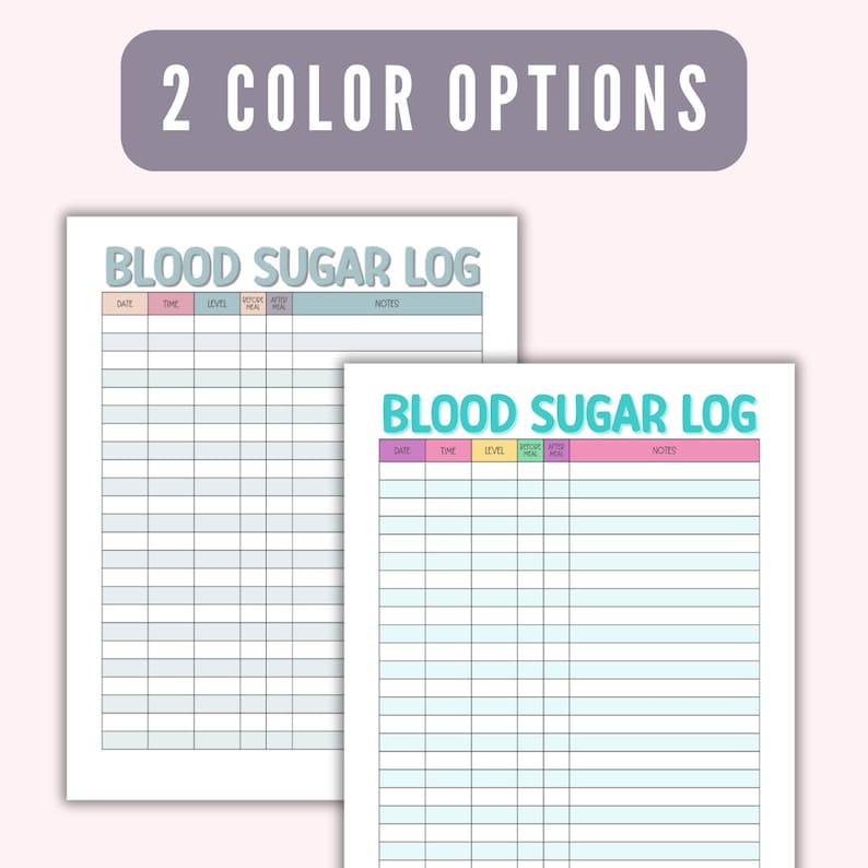 Puede incluir: Dos plantillas imprimibles de registro de az&uacute;car en sangre con diferentes esquemas de color. La primera plantilla tiene un encabezado azul claro y un encabezado rosa claro. La segunda plantilla tiene un encabezado azul claro y un encabezado rosa claro con un acento amarillo, verde y azul claro.