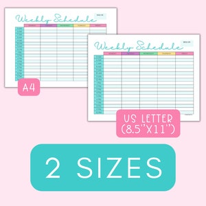 May include: Two printable weekly schedule templates in different sizes: A4 and US Letter (8.5" x 11"). The templates feature a colorful header with the text "Weekly Schedule" and columns for each day of the week. The time slots are listed in 1-hour increments from 5 AM to 10 PM.