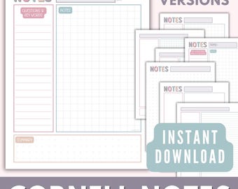 Cute Cornell Notes Paper Printable, Colorful Note Pages Template, Lined Paper, Dotted Paper Grid Notebook Journal A4 Letter Instant Download