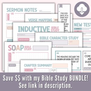 May include: A set of printable Bible study templates in pink, blue, and gray with titles like "Sermon Notes", "Inductive Bible Study", "SOAP Bible Study", "Verse Mapping", "Bible Character Study", "Chapter Summary", and "New Testament".