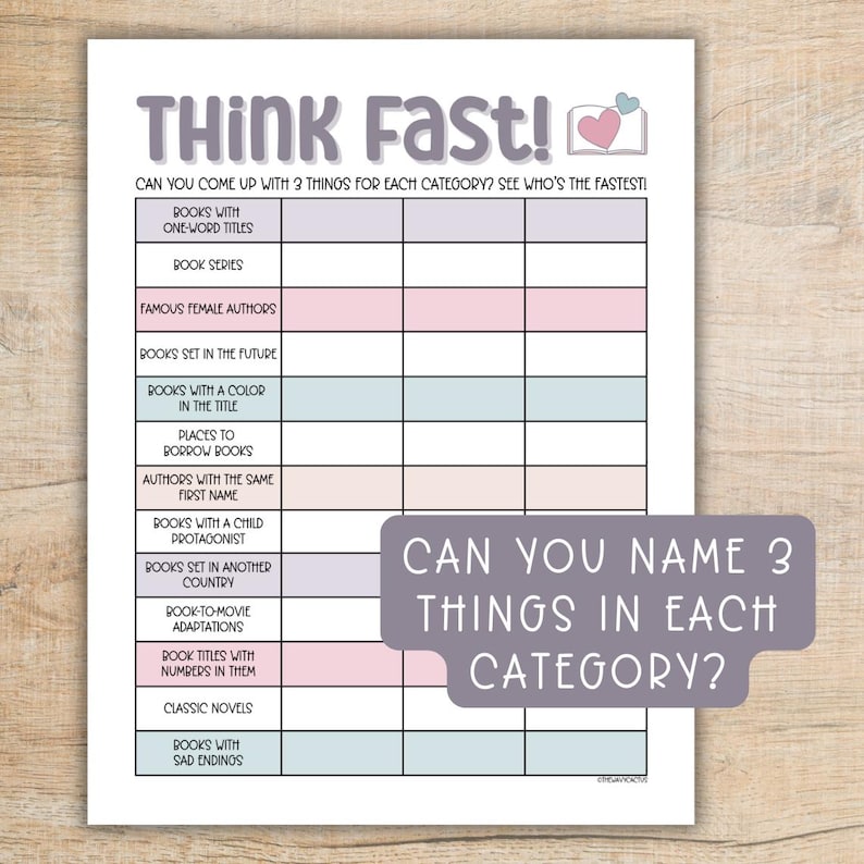 Puede incluir: Una hoja de juego imprimible con el t&iacute;tulo "Think Fast!" e instrucciones para nombrar tres cosas en cada categor&iacute;a. Las categor&iacute;as est&aacute;n relacionadas con los libros, como "Libros con t&iacute;tulos de una sola palabra", "Series de libros", "Autoras famosas" y "Libros ambientados en el futuro".