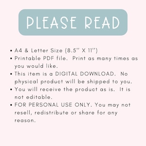 Op de afbeelding: Een lichtblauwe rechthoek met de tekst "PLEASE READ" in wit. De tekst hieronder geeft de details van een digitale download, inclusief de grootte van het afdrukbare PDF-bestand, dat 8,5 inch bij 11 inch is, en dat het item alleen voor persoonlijk gebruik is.