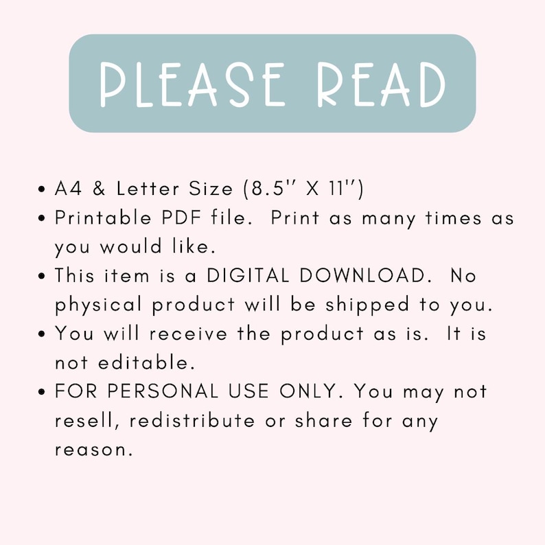 Op de afbeelding: Een lichtblauwe rechthoek met de tekst "PLEASE READ" in wit. De tekst hieronder geeft de details van een digitale download, inclusief de grootte van het afdrukbare PDF-bestand, dat 8,5 inch bij 11 inch is, en dat het item alleen voor persoonlijk gebruik is.