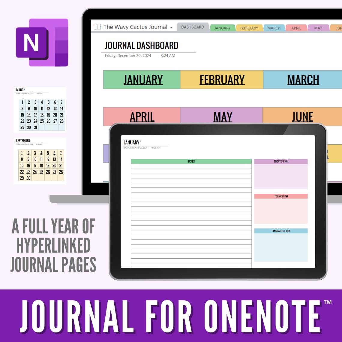 Buntes Notizbuch für OneNote | Notizen, Notizen, Tagebuch | Anpassbare digitale tägliche Journal Vorlage | Hyperlinked Reflection Dankbarkeit