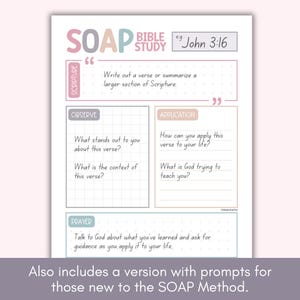 Pode incluir: Uma folha de trabalho imprim&iacute;vel com um esquema de cores rosa e cinza. A folha de trabalho &eacute; intitulada "SOAP Bible Study" e inclui o vers&iacute;culo "Jo&atilde;o 3:16". A folha de trabalho &eacute; dividida em quatro se&ccedil;&otilde;es: Escritura, Observar, Aplica&ccedil;&atilde;o e Ora&ccedil;&atilde;o. Cada se&ccedil;&atilde;o inclui uma pergunta para ajudar o usu&aacute;rio a conduzir um estudo b&iacute;blico.