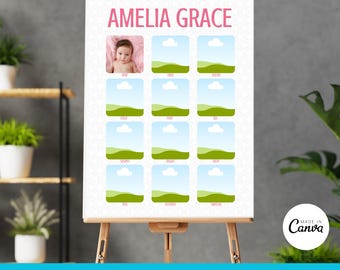 Modelo de pôster de foto de primeiro aniversário, placa de foto fofa de primeiro aniversário, pôster do primeiro ano do bebê para impressão, download instantâneo, editável no Canva