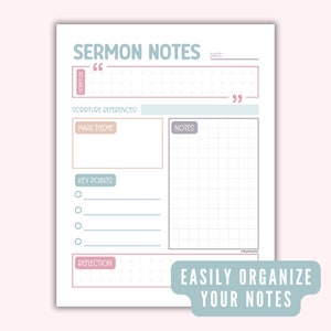 May include: A printable sermon notes template with sections for scripture references, main theme, key points, notes, and reflection. The template has a light pink and blue color scheme with a dotted background.