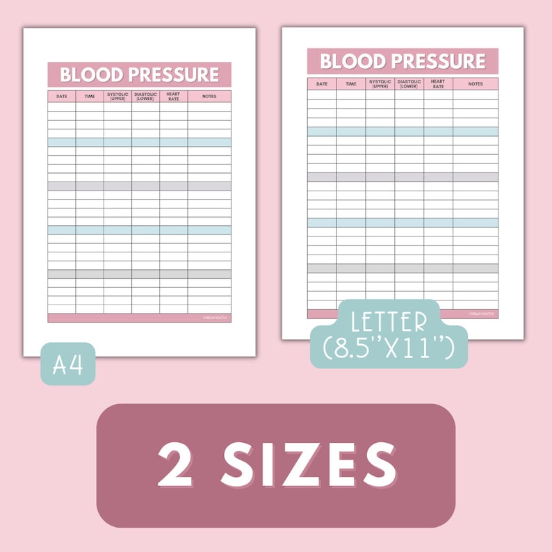 May include: Two printable blood pressure log sheets in different sizes: Letter (8.5 x 11 inches) and A4. Each sheet has columns for date, time, systolic, diastolic, heart rate, and notes.