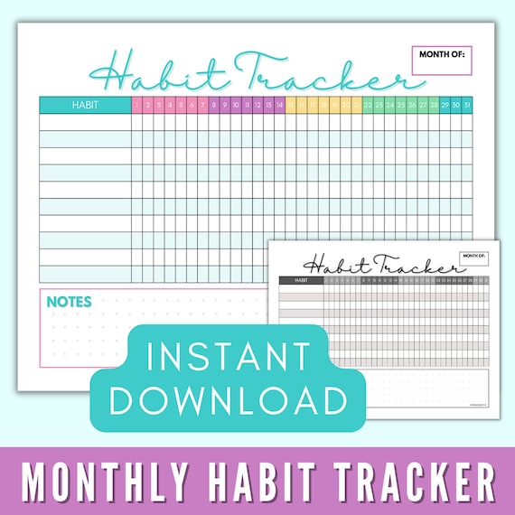 Monthly Habit Tracker Printable, Habit Tracker Template Chart, Routine Log, 30 Day Habit Challenge, Landscape A4 Letter, Instant Download