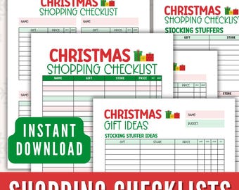 May include: Four printable Christmas shopping checklists with green and red borders. The checklists include sections for name, gift, store, and price. The checklists are titled "Christmas Shopping Checklist", "Christmas Shopping Checklist Stocking Stuffers", and "Christmas Gift Ideas Stocking Stuffer Ideas".