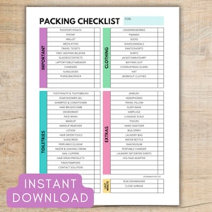 May include: A printable packing checklist with categories for important items, toiletries, clothing, extras, and last minute tasks. The checklist is designed to help people pack for a trip.