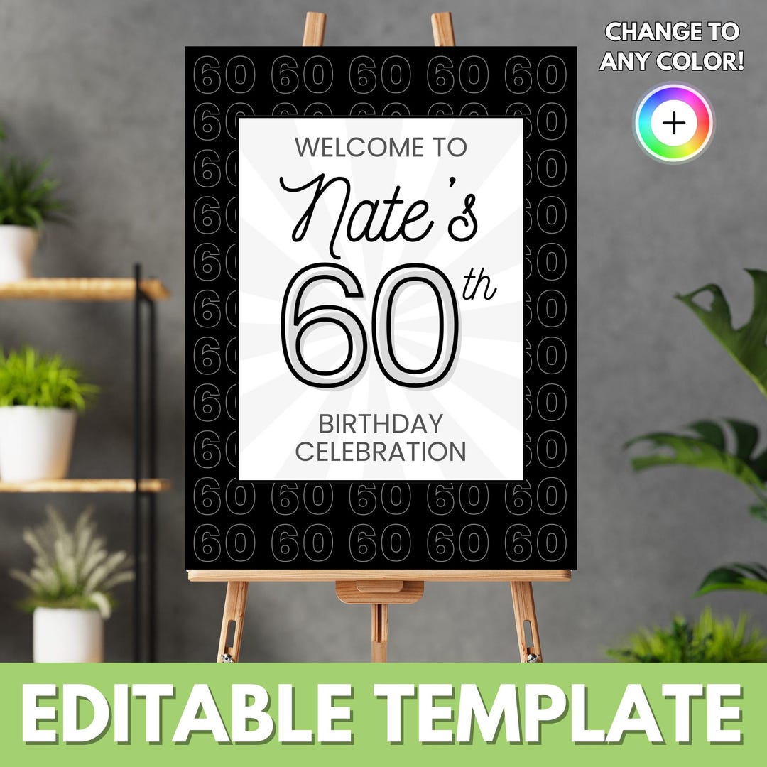 60th Birthday Welcome Sign Template, Editable Poster Template, Editable ...