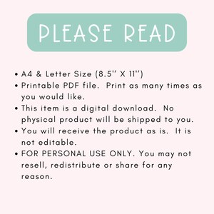 May include: A light green rectangle with the text "PLEASE READ" in white. A list of instructions for a digital download, including the size of the printable PDF file, 8.5 inches by 11 inches, and a statement that the item is for personal use only.