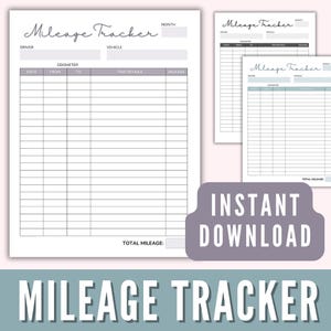 May include: Printable mileage tracker with a black and white design. The tracker has columns for date, odometer reading, trip details, and mileage. The tracker also has a section for total mileage.
